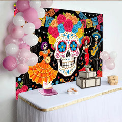 Lofaris Colorful Sugar Skull Mexican Fiesta Backdrop with Dancing Skeletons and Papel Picado Vibrant Party Decoration for Celebration