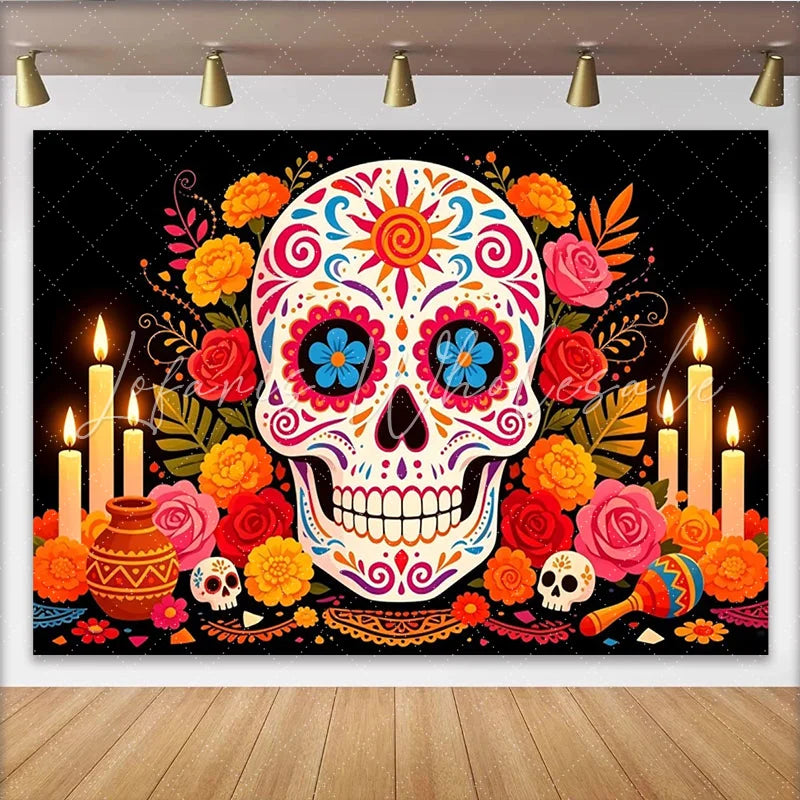 Lofaris Colorful Sugar Skull Mexican Fiesta Backdrop with Marigolds and Candles Vibrant Day of the Dead Photography Background for Party