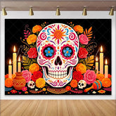 Lofaris Colorful Sugar Skull Mexican Fiesta Backdrop with Marigolds and Candles Vibrant Day of the Dead Photography Background for Party