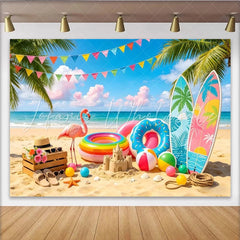 Lofaris Colorful Summer Beach Photography Backdrop with Flamingo and Surfboards Tropical Party Background for Vacation Photoshoot