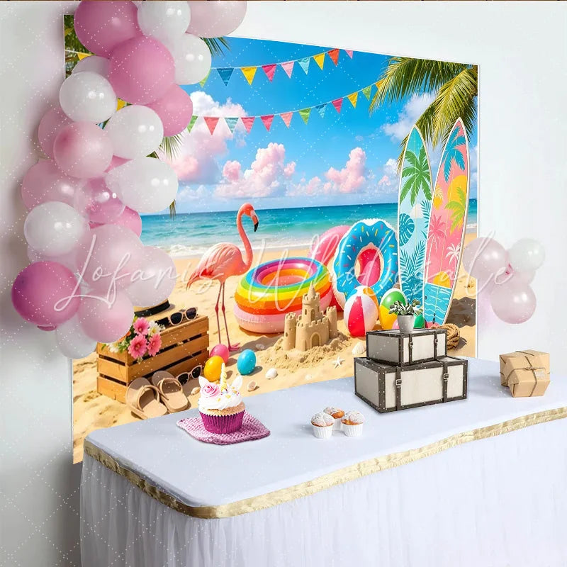Lofaris Colorful Summer Beach Photography Backdrop with Flamingo and Surfboards Tropical Party Background for Vacation Photoshoot