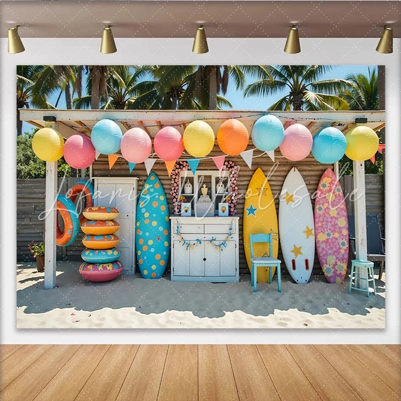 Lofaris Colorful Surf Birthday Backdrop with Beach and Palm Trees Vibrant Summer Party Background for Photoshoot and Decoration