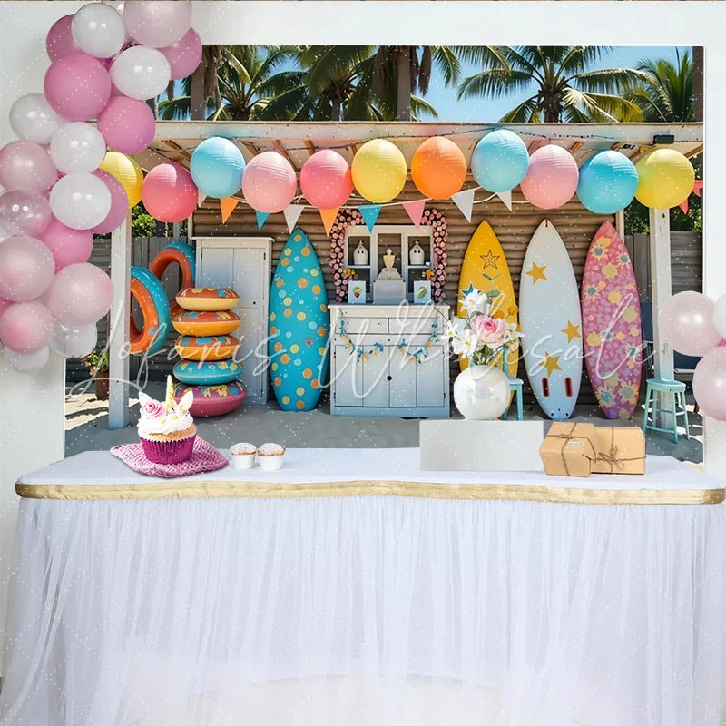 Lofaris Colorful Surf Birthday Backdrop with Beach and Palm Trees Vibrant Summer Party Background for Photoshoot and Decoration