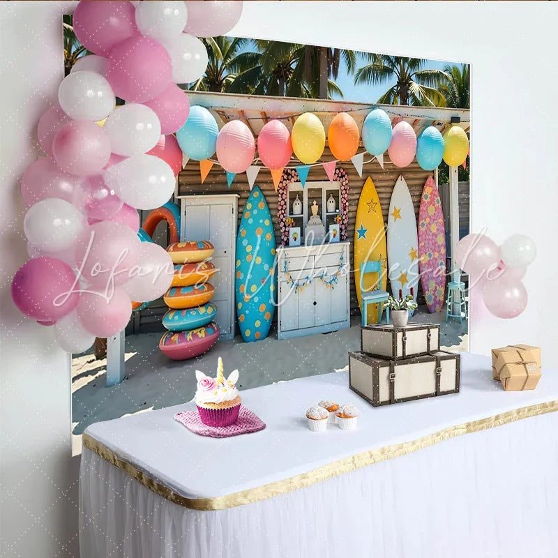 Lofaris Colorful Surf Birthday Backdrop with Beach and Palm Trees Vibrant Summer Party Background for Photoshoot and Decoration