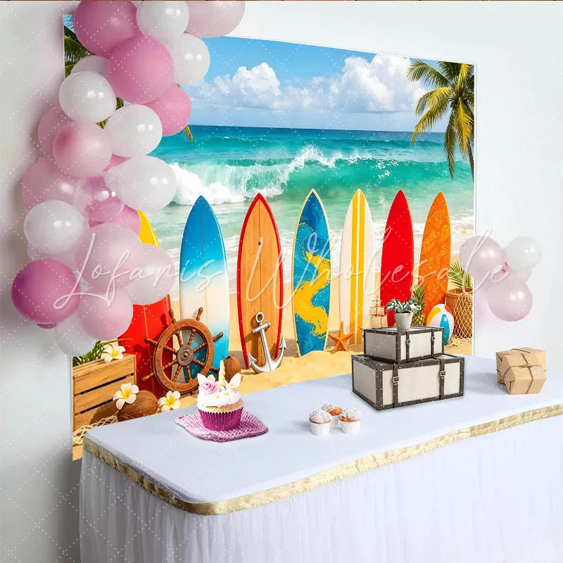 Lofaris Colorful Surfboard Beach Photography Backdrop with Ocean Waves Ideal Summer Photo Background for Tropical Party Decor