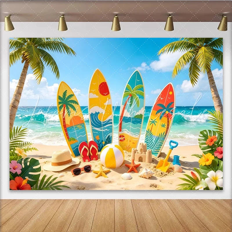Lofaris Colorful Surfboard Beach Photography Backdrop with Palm Trees Tropical Summer Background for Party Decor