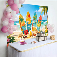 Lofaris Colorful Surfboard Beach Photography Backdrop with Palm Trees Tropical Summer Background for Party Decor