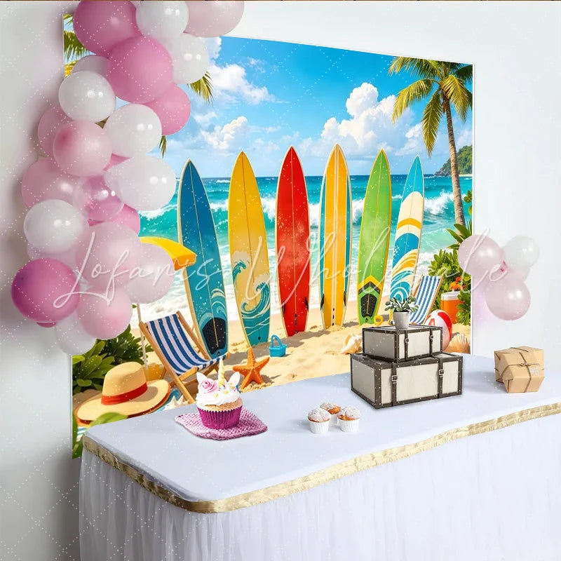 Lofaris Colorful Surfboard Summer Beach Photography Backdrop with Palm Trees and Ocean Waves Tropical Vacation Studio Photoshoot