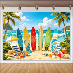 Lofaris Colorful Surfboard Summer Beach Photography Backdrop with Palm Trees and Ocean Waves Tropical Vacation Studio Photoshoot