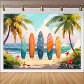 Lofaris Colorful Surfboard Summer Beach Photography Backdrop with Palm Trees and Ocean Waves Tropical Vacation Photo Background for Studio