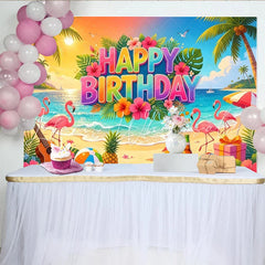 Lofaris Colorful Tropical Beach Birthday Backdrop with Flamingos and Palm Trees Vibrant Party Photography Background for Celebration