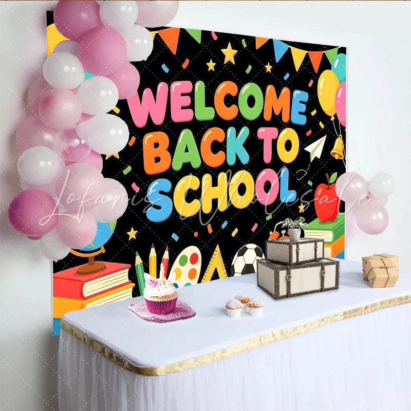 Lofaris Colorful Welcome Back to School Backdrop with Balloons and Books Vibrant Classroom Decoration Background for Students