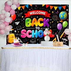 Lofaris Colorful Welcome Back To School Backdrop with Balloons and School Supplies Chalkboard Style Photography Background for Classroom
