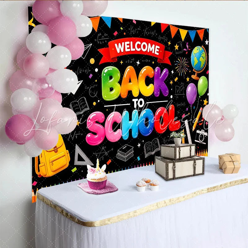 Lofaris Colorful Welcome Back To School Backdrop with Balloons and School Supplies Chalkboard Style Photography Background for Classroom