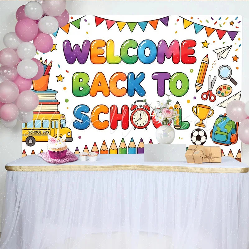 Lofaris Colorful Welcome Back To School Backdrop with Books and Bus Vibrant Classroom Photography Background for First Day Party