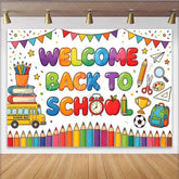 Lofaris Colorful Welcome Back To School Backdrop with Books and Bus Vibrant Classroom Photography Background for First Day Party