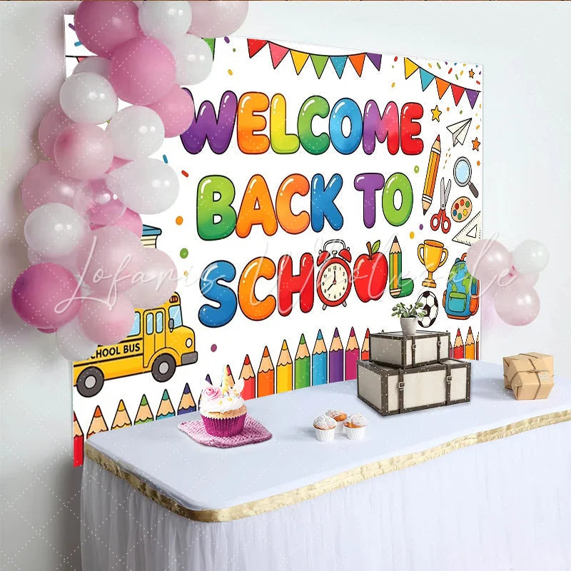 Lofaris Colorful Welcome Back To School Backdrop with Books and Bus Vibrant Classroom Photography Background for First Day Party