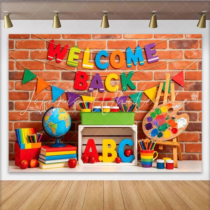 Lofaris Colorful Welcome Back to School Backdrop with Brick Wall and Classroom Elements Educational Photo for First Day of School Party