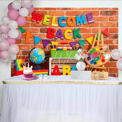 Lofaris Colorful Welcome Back to School Backdrop with Brick Wall and Classroom Elements Educational Photo for First Day of School Party