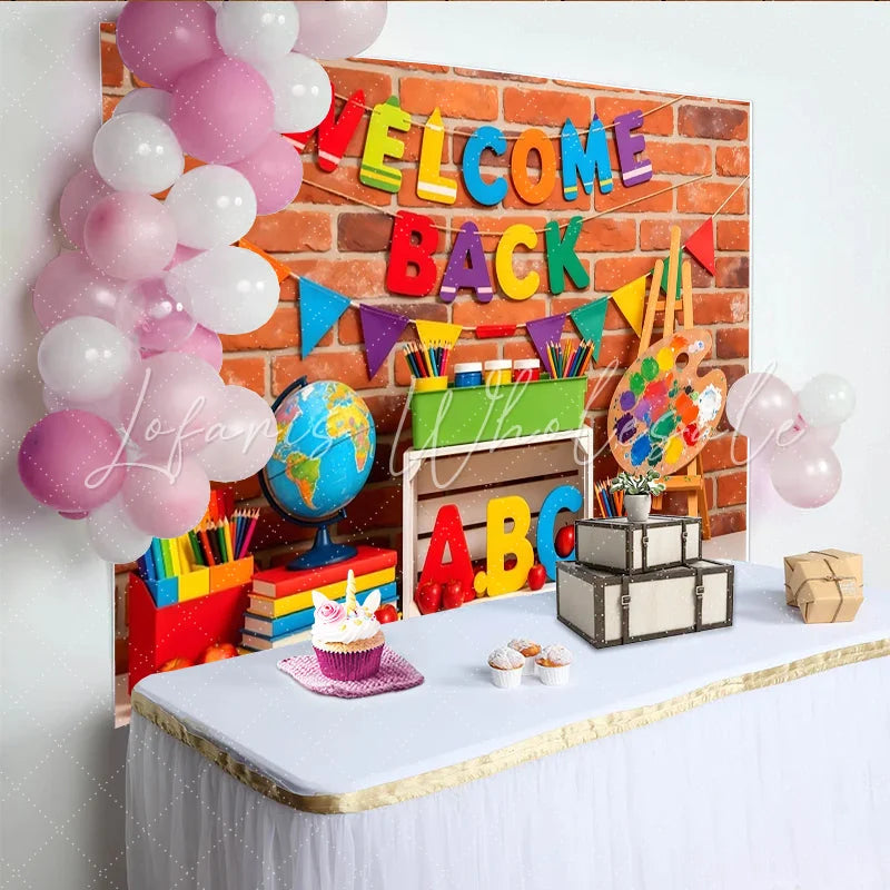 Lofaris Colorful Welcome Back to School Backdrop with Brick Wall and Classroom Elements Educational Photo for First Day of School Party