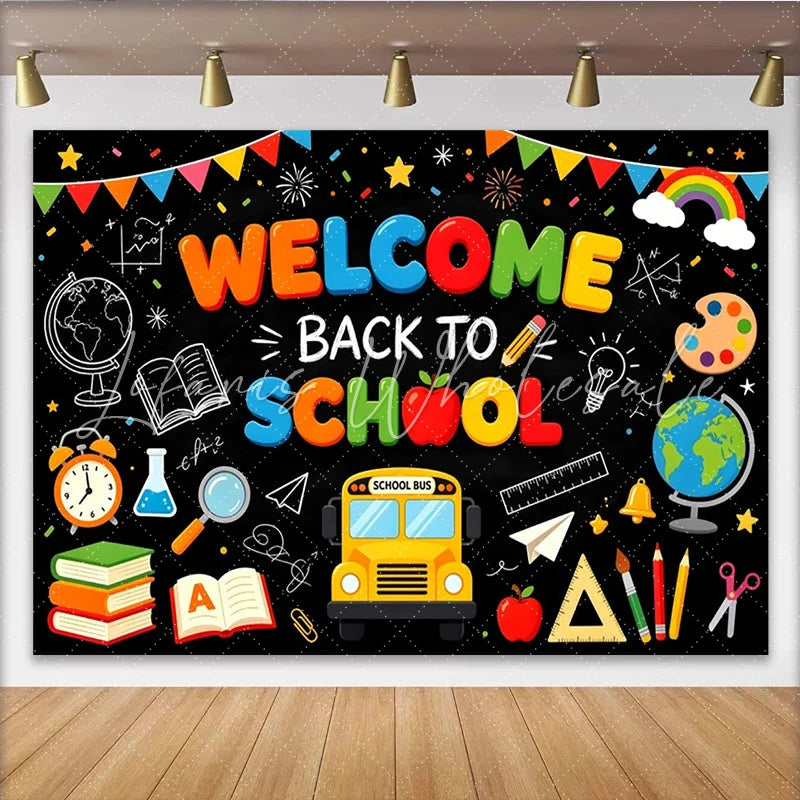 Lofaris Colorful Welcome Back To School Backdrop with Bus and Books Chalkboard Educational Background for Classroom Decor