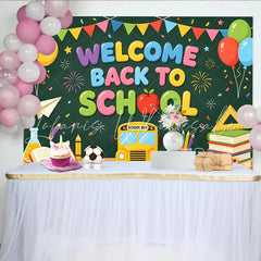 Lofaris Colorful Welcome Back To School Backdrop with Bus and Books Chalkboard Style Background for Classroom Decor and Studio Photos