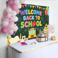 Lofaris Colorful Welcome Back To School Backdrop with Bus and Books Chalkboard Style Background for Classroom Decor and Studio Photos