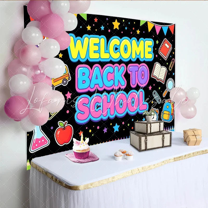Lofaris Colorful Welcome Back To School Backdrop with Bus Books and Pencils Photo Background for First Day of School Party Decor