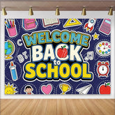 Lofaris Colorful Welcome Back to School Backdrop with Cartoon Supplies Vibrant Classroom Photo Background for First Day of School Party