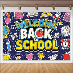 Lofaris Colorful Welcome Back to School Backdrop with Cartoon Supplies Vibrant Classroom Photo Background for First Day of School Party