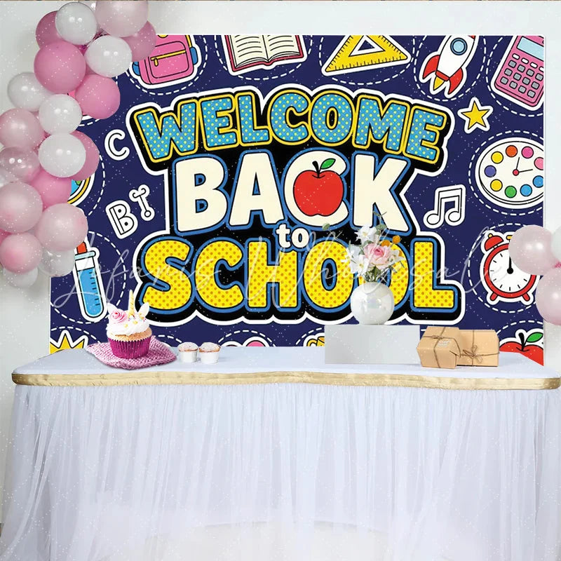 Lofaris Colorful Welcome Back to School Backdrop with Cartoon Supplies Vibrant Classroom Photo Background for First Day of School Party