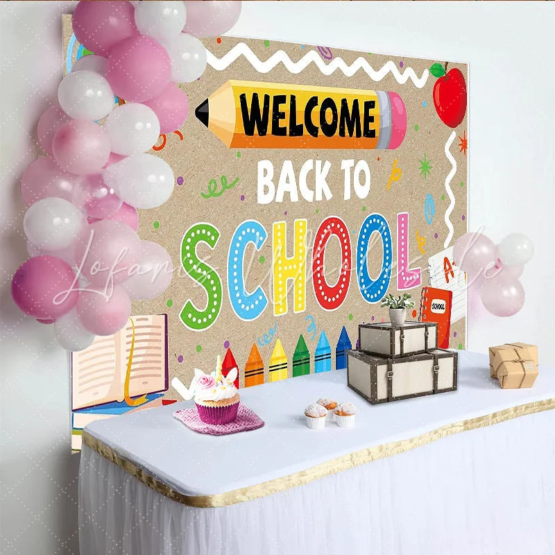 Lofaris Colorful Welcome Back to School Backdrop with Crayons and Pencil Educational Classroom Background for School Event Decoration