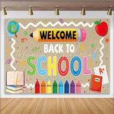 Lofaris Colorful Welcome Back to School Backdrop with Crayons and Pencil Educational Classroom Background for School Event Decoration