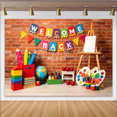 Lofaris Colorful Welcome Back to School Backdrop with Pencils and Paint Brick Wall Background for Classroom Decoration and Photo Booth Props