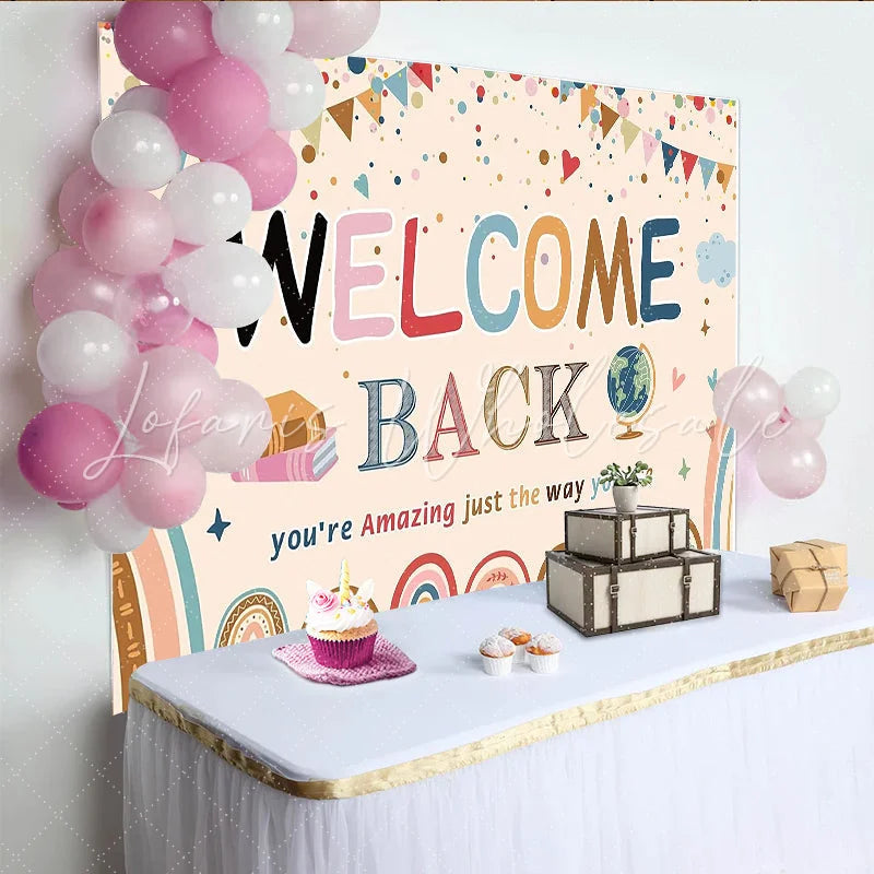 Lofaris Colorful Welcome Back to School Backdrop with Rainbows and Books Fun Party Decoration for Classroom Photography