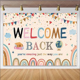 Lofaris Colorful Welcome Back to School Backdrop with Rainbows and Books Fun Party Decoration for Classroom Photography