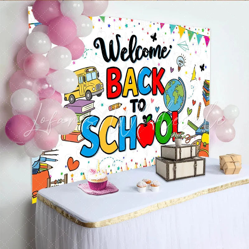 Lofaris Colorful Welcome Back To School Backdrop with School Bus and Books Vibrant Educational Background for Classroom Decor and Party