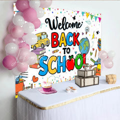 Lofaris Colorful Welcome Back To School Backdrop with School Bus and Books Vibrant Educational Background for Classroom Decor and Party