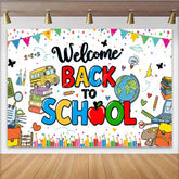 Lofaris Colorful Welcome Back To School Backdrop with School Bus and Books Vibrant Educational Background for Classroom Decor and Party