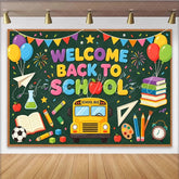 Lofaris Colorful Welcome Back To School Backdrop with School Bus and Books Vibrant Party Banner for Classroom Decor and Photoshoot