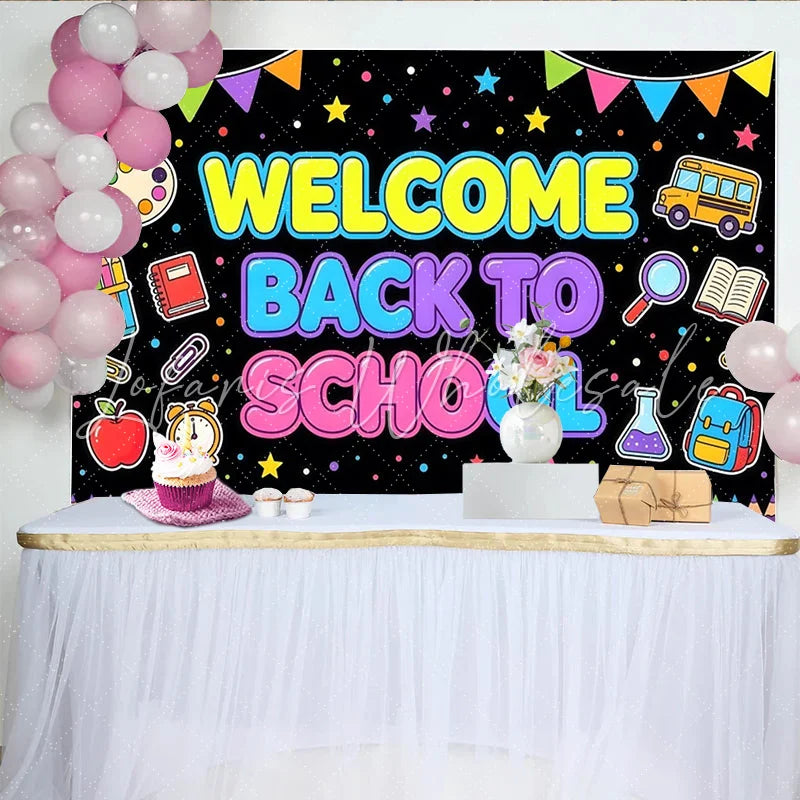 Lofaris Colorful Welcome Back to School Backdrop with School Bus and Pencils Bright Educational Party Decoration Background for Classroom