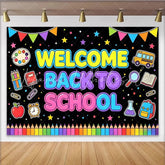 Lofaris Colorful Welcome Back to School Backdrop with School Bus and Pencils Bright Educational Party Decoration Background for Classroom