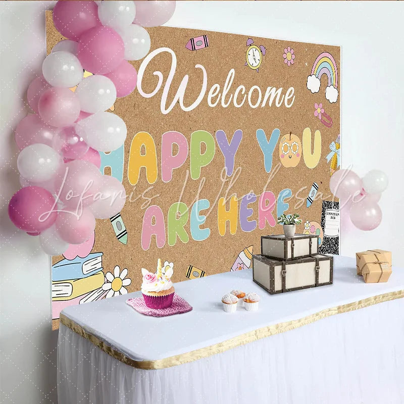Lofaris Colorful Welcome School Photography Backdrop with Books and Rainbow Kraft Paper Texture Photo Background for Classroom Decor