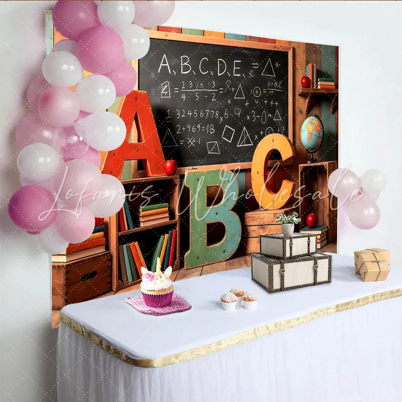Lofaris Colorful Wooden Back To School Backdrop with Blackboard and ABC Letters Rustic Background for Kids Photography