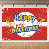 Lofaris Comic Hero Happy Birthday Backdrop Red Sunburst Lightning and Fire Power Party Decoration