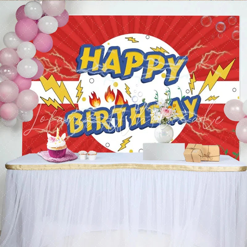 Lofaris Comic Hero Happy Birthday Backdrop Red Sunburst Lightning and Fire Power Party Decoration