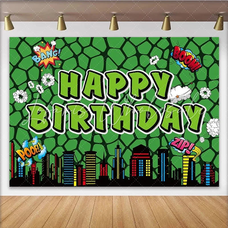 Lofaris Comic Super Hero City Birthday Backdrop Green Monster Texture Boom Pow Party Decoration Urban Skyline Photo Background