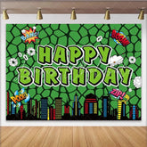 Lofaris Comic Super Hero City Birthday Backdrop Green Monster Texture Boom Pow Party Decoration Urban Skyline Photo Background