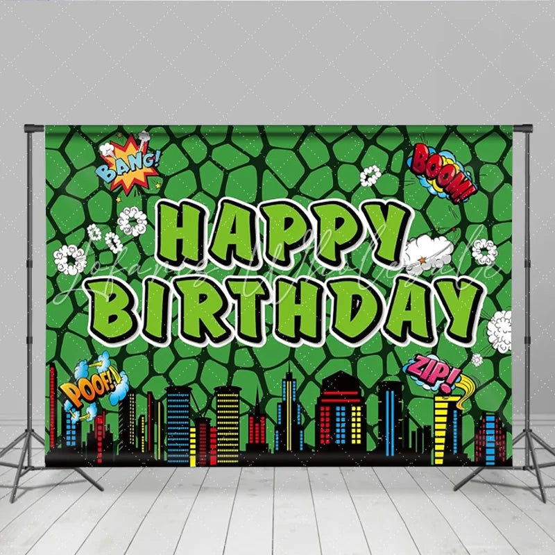 Lofaris Comic Super Hero City Birthday Backdrop Green Monster Texture Boom Pow Party Decoration Urban Skyline Photo Background