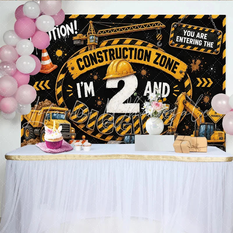 Lofaris Construction Zone 2nd Birthday Backdrop with Dump Truck and Excavator Black and Yellow Party Background for Kids